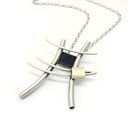 Long Aluminum Necklace with Navy Catsite by Christophe Poly - Click Image to Close